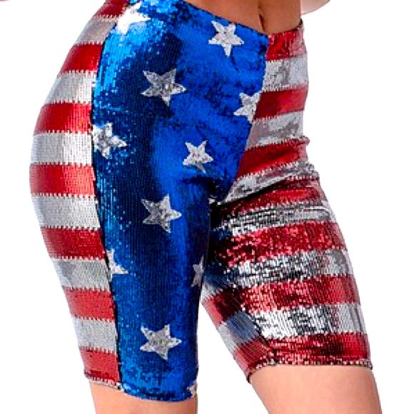 Restocked! 4th Of July “Red White Blue” Metallic Sequin Biker Shorts - Picture 3 of 5